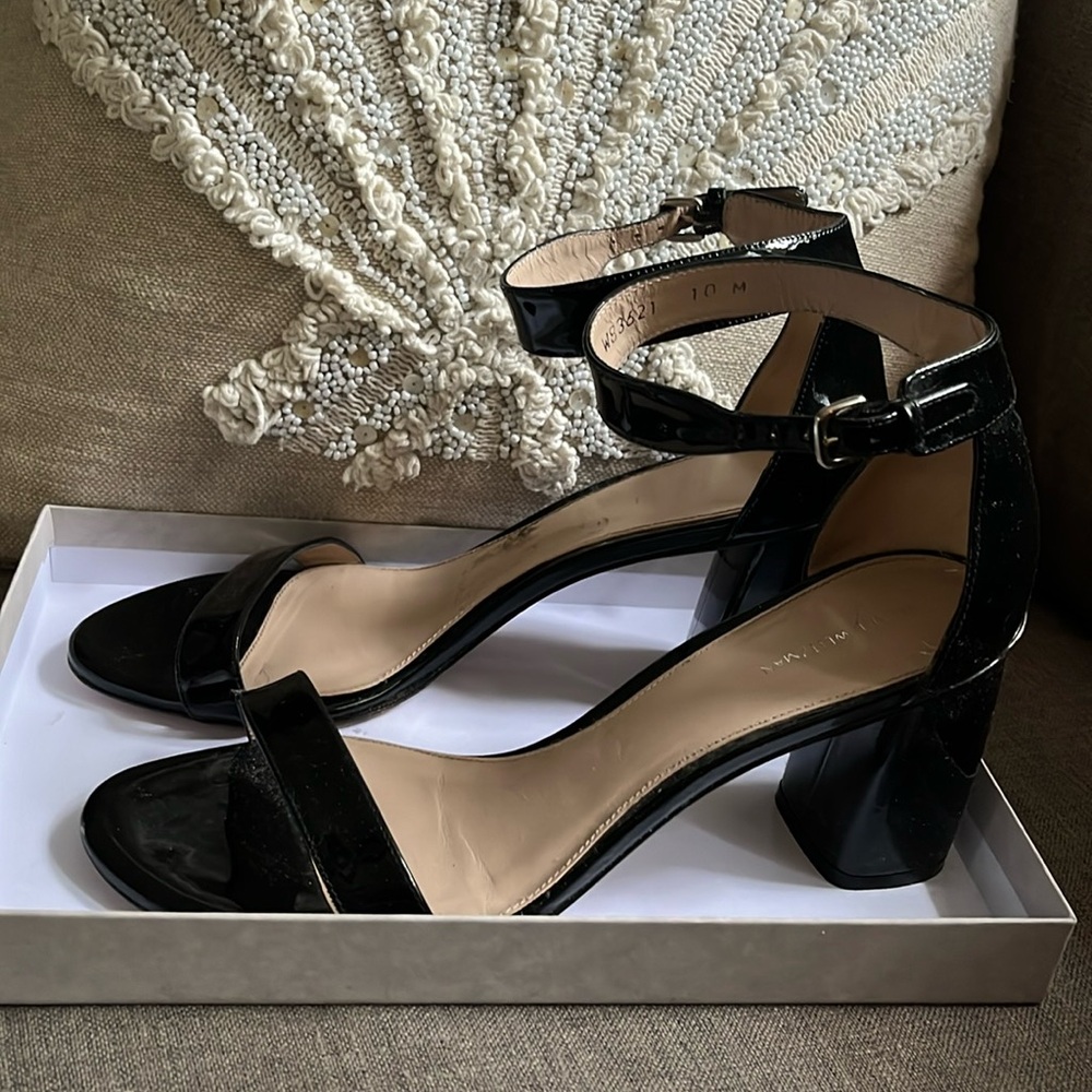 Stuart Weitzman black patent leather heeled sandals